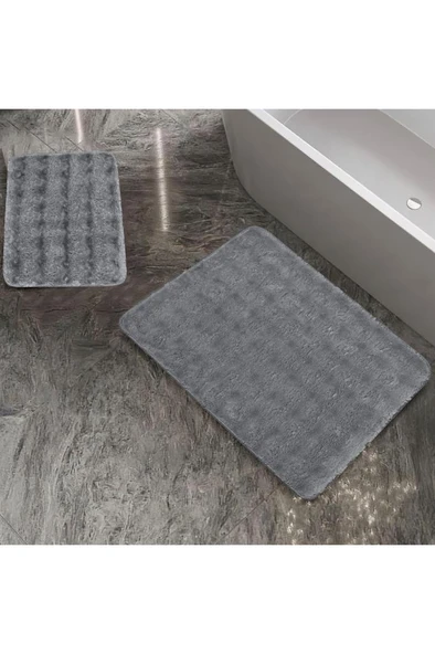 Home Pia 2 li Peluş Banyo Paspası-Gri ürün görseli 1
