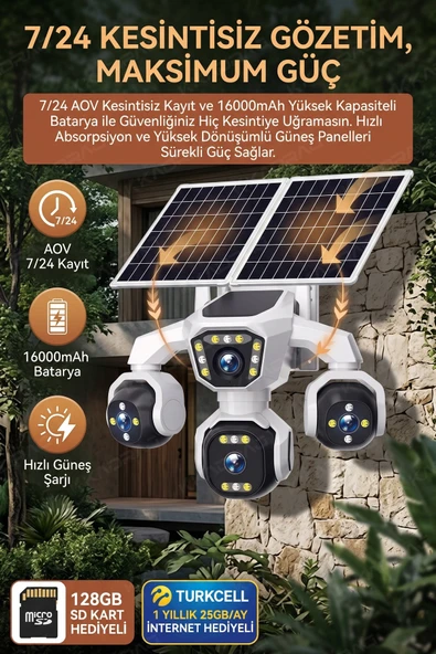 4 Kameralı - Solar Panelli  16000 Mah.  Turkcell Yıllık Hat   20MP Güvenlik Kamerası  YapayZeka Tc25 ürün görseli 1