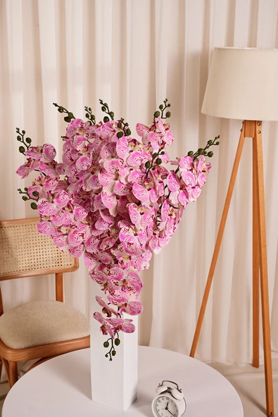 Pembe Yapay  Orkide Çiçeği Tek Dal Premium Canlı Islak Dokulu 98 cm ürün görseli 1