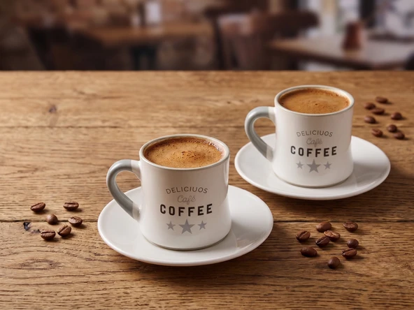 Deliciuos Cafe Tasarımlı 2'li Türk Kahvesi Fincan Takımı - Krem/Gri Kulplu Duble Kahve Fincanı Seti 90 ml ürün görseli 1