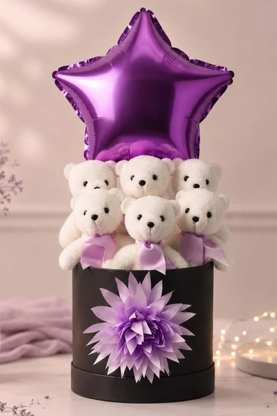 Lüks Mor Yıldız Balonlu 6'lı Peluş Ayıcık Hediye Kutusu | Sevgiliye, Kıza Romantik Hediye ürün görseli 1