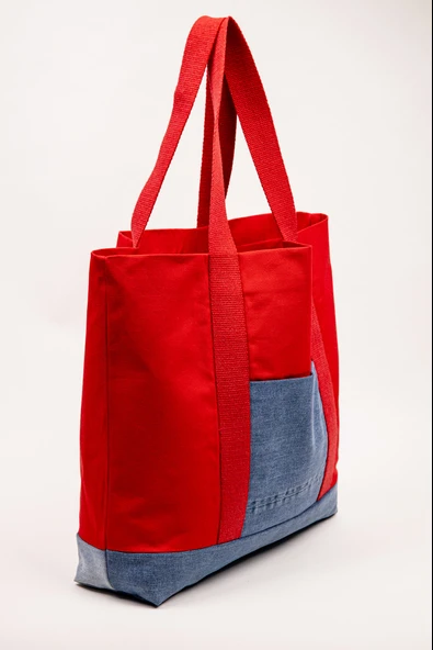 Plaj & Günlük Omuz Çantası Kırmızı Denim Detaylı Astarlı 51x44 cm ürün görseli 1