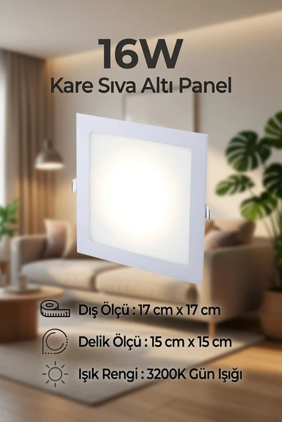 16W Kare Sıva Altı LED Panel Armatür 3200K Gün Işığı – 17x17 cm | 15x15 cm Delik Ölçüsü ürün görseli 1