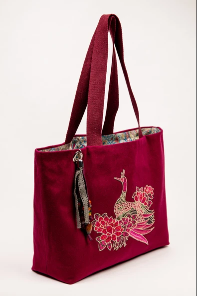 Omuz Çantası Duck Kumaş İçi Astarlı Hint Nakışlı Bordo 52x37 cm ürün görseli 1