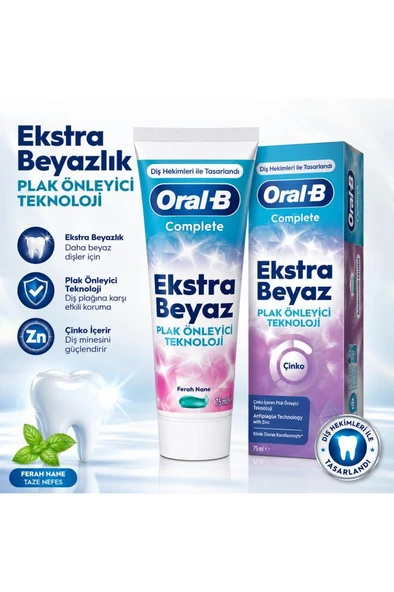 Oral-B Complete Ekstra Beyaz 75 ml Diş Macunu Çinko İçerikli Plak Önleyici Ferah Nane ürün görseli 1