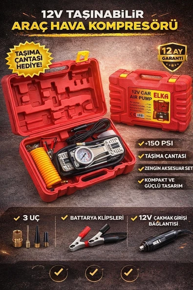 ELKA 12V Araç Lastik Şişirme Kompresörü 150 PSI Taşınabilir Hava Pompası Çakmak Girişli ürün görseli 1