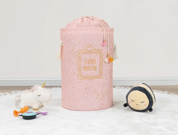 Baby Kullanımı Kolay Desenli Taşınabilir Torbalı Yuvarlak Sepet(pembe) Çamaşır Sepeti 04270 ürün görseli 1