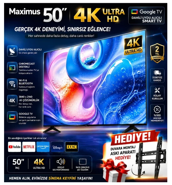 Maxımus 50" Androıd Led Tv + Askı Aparatı Hediyesi ürün görseli 1