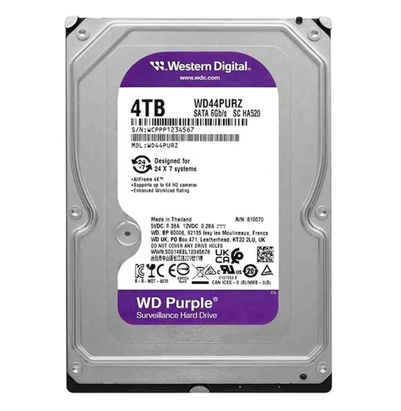 Wd 4Tb 3.5 Purple WD44PURZ Sata3 5400RPM 128MB 7-24 Guvenlık Harddisk (Resmi Distribitör Ürünü) ürün görseli 1