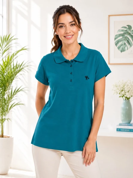 Kadın Yeşil Polo Yaka Basıc T-Shirt ürün görseli 1