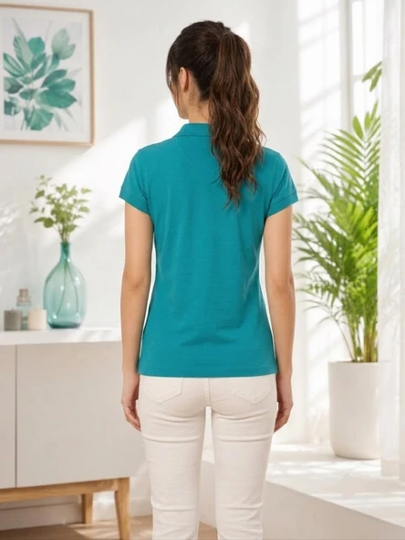 Kadın Yeşil Polo Yaka Basıc T-Shirt - Resim 3
