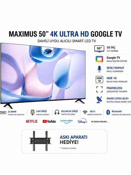 Maxımus 50'' 127 Ekran Uha 50 M9P Uydu Alıcılı Google Tv + Duvar Askı Aparatı ürün görseli 1