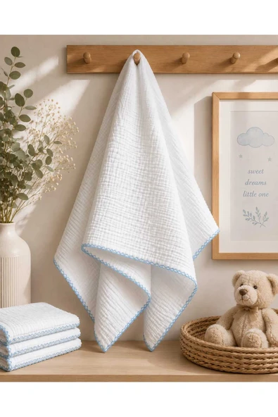 LUNARE 4 Kat Ön Yıkamalı Müslin Bebek Battaniyesi | Çekme Yapmaz | El Örgüsü Kenarlı | 90x90 cm | Mavi ürün görseli 1