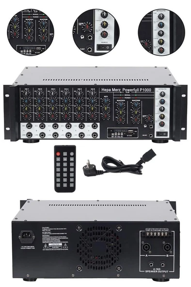 Hepa Merz P1000 6 Kanal 2x500W Stereo Amfi 1000W Power Mikser Bluetooth USB 100V Hat Trafolu ürün görseli 1