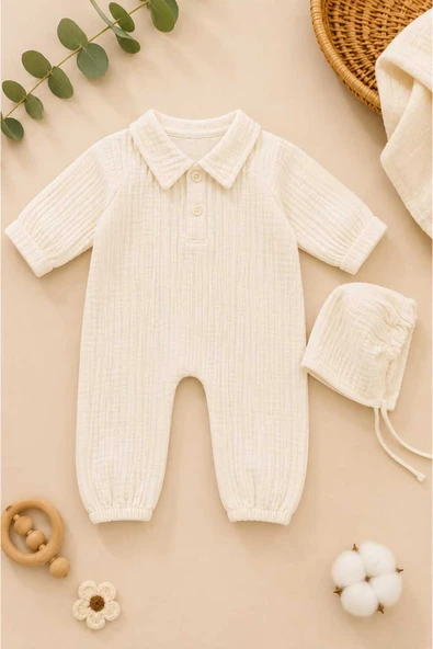 LUNARE Bebek Tulumu ve Şapka Seti – Unisex Yenidoğan Takımı hastane çıkışı – Krem 0-3 Ay %100 Pamuk Müslin ürün görseli 1