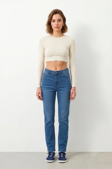 Kadın Mavi Yüksek Bel Slim Fit Likralı Jean Pantolon ürün görseli 1