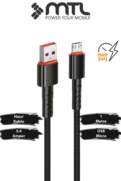 3.4A USB to Micro USB Hasır Örgülü Hızlı Şarj ve Data Kablosu 1 Metre MT2014 ürün görseli 1