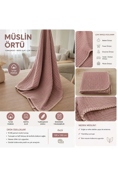 LUNARE %100 Pamuk 4 Kat Müslin Bebek Örtüsü 90x100 cm Battaniye Puset Örtüsü Kundak gül kurusu pembe ürün görseli 1