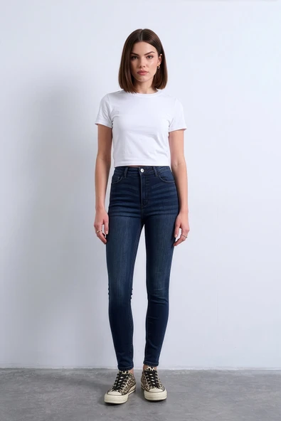 Kadın Koyu Mavi Yüksek Bel Slim Fit Likralı Jean Pantolon ürün görseli 1