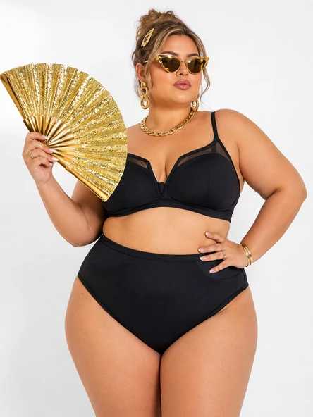 Büyük Beden V Yaka Tül Detaylı Ayarlanabilir Askılı Kadın Bikini Takım ürün görseli 1