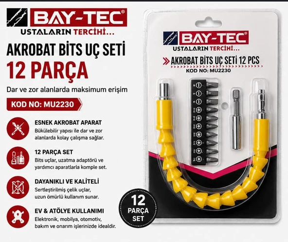 Bay-Tec MU2230 Akrobat Bits Uç Seti 12 Parça – Esnek Şaftlı Dar Alan Vidalama ve Matkap Uç Seti ürün görseli 1