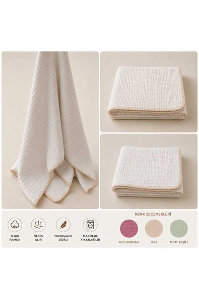 LUNARE %100 Pamuk 4 Kat Müslin Bebek Örtüsü 90x100 cm Battaniye Puset Örtüsü Kundak Bej ürün görseli 1