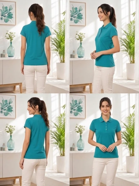 Kadın Yeşil Polo Yaka Basıc T-Shirt - Resim 4