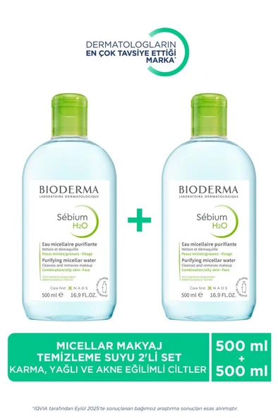 Bioderma Sebium H2O Makyaj Temizleme Suyu 2 x 500 Ml - İKİLİ PAKET ÖZEL FİYAT ürün görseli 1