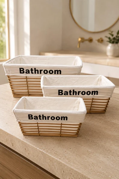 3'lü Bathroom Banyo Düzenleyici Sepet Seti Kumaş Astarlı Dekoratif Organizer ve Saklama Kutusu ürün görseli 1