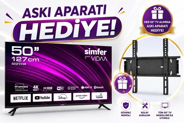 Simfer 50SFSV6B 4K Ultra Hd 50" 127 Ekran Uydu Alıcılı Vıdaa Smart LED Tv+  Duvar Askı Aparatı ürün görseli 1