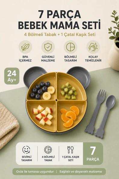 7 Parça Tepsili Yemek Seti Mama Tabağı Gri 6015 ürün görseli 1