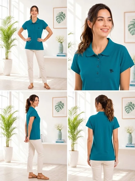 Kadın Yeşil Polo Yaka Basıc T-Shirt - Resim 4