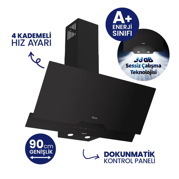 FERRE D067-SA Siyah Ultra Sessiz Silentart 90 cm Davlumbaz ürün görseli 1