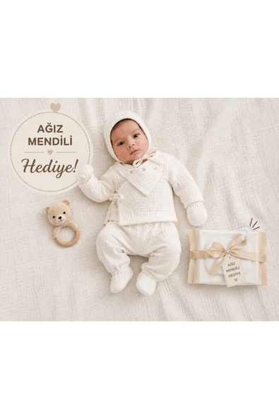LUNARE Organik Müslin Yenidoğan Hastane Çıkışı Seti Ekru ürün görseli 1