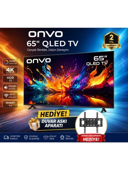 Onvo 65 inç QLED 4K Ultra Hd Google Smart Tv HDR10 Dolby Audio Wi-Fi Duvar Askı Aparatı ürün görseli 1