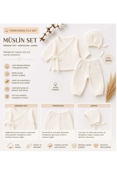 LUNARE Organik Müslin Yenidoğan 3'lü Hastane Çıkışı Seti – Ekru | Kimono Üst, Pantolon ve Şapka | %100 Pamuk Bebek Seti ürün görseli 1