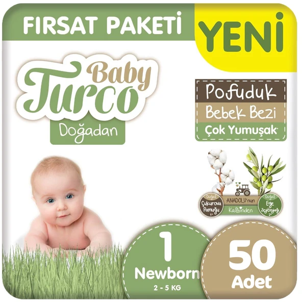 Baby Turco Doğadan 1 Beden Bebek Bezi Fırsat Paketi Pofuduk 50 Adet ürün görseli 1