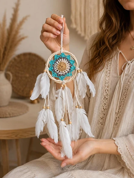 Mini Düş Kapanı Bambu Dream Catcher Bohem Duvar Süsü 9 cm Çap 40 cm Uzunluk El Yapımı Dekor ürün görseli 1