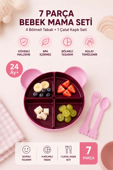 7 Parça Tepsili Yemek Seti Mama Tabağı Pembe 6015 ürün görseli 1
