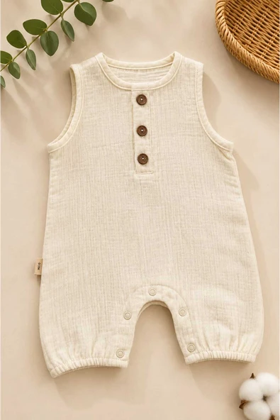 LUNARE Bebek Tulumu 0-3 Ay –%100 Pamuk Müslin Unisex Nefes Alan Yumuşak Yazlık Tulum – Krem ürün görseli 1