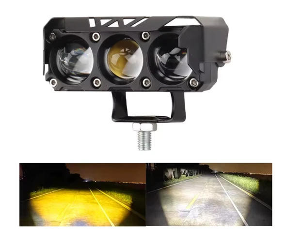 Motosiklet Ve Elektrikli Bisiklet Uyumlu 12-80 Volt 3 Mercekli Çift Renk LED Projektör Sis Farı Sarı-Beyaz Renk 4 Modlu Tekli Paket ürün görseli 1