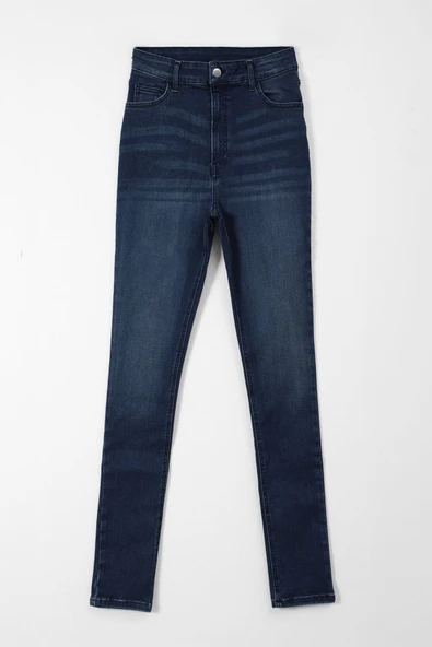 Kadın Koyu Mavi Yüksek Bel Slim Fit Likralı Jean Pantolon ürün görseli 1