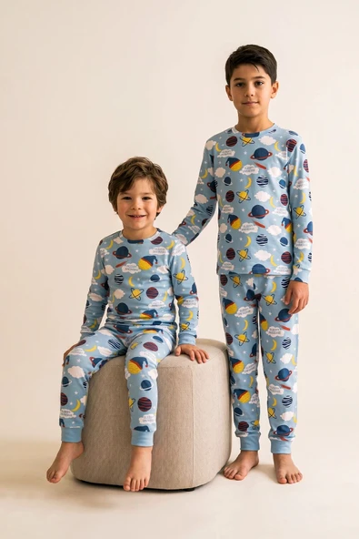 Planet Pattern Uzun Kollu Erkek Çocuk Pijama Takımı ürün görseli 1