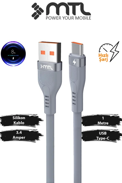 3.4A USB to Type-C Metal Başlıklı Extra Yumuşak Hızlı Şarj ve Data Kablosu 1 Metre MT2352 ürün görseli 1
