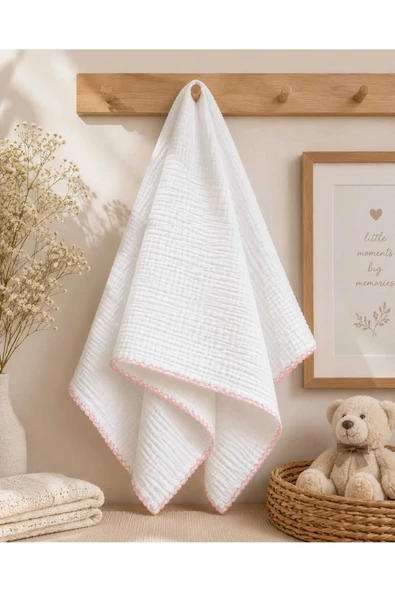 LUNARE 4 Kat Ön Yıkamalı Müslin Bebek Battaniyesi | Çekme Yapmaz | El Örgüsü Kenarlı | 90x90 cm | pembe ürün görseli 1