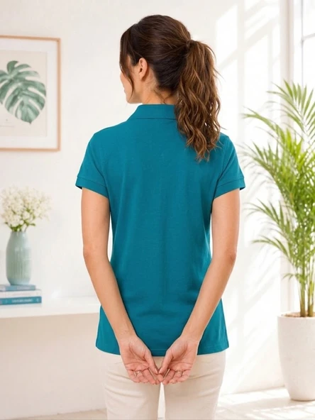 Kadın Yeşil Polo Yaka Basıc T-Shirt - Resim 3