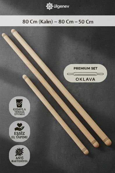 Premium 3'lü Lüks Oklava ve Hamur Açma Seti - 80cm (29mm/17mm) + 50cm (17mm) Hamur Şekillendirici ürün görseli 1