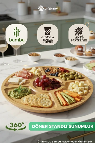 360 Derece Dönerli %100 Bambu Sunum Tabağı - 5 Bölmeli Lüks Kahvaltılık Çerezlik ve Servis Tabağı ürün görseli 1