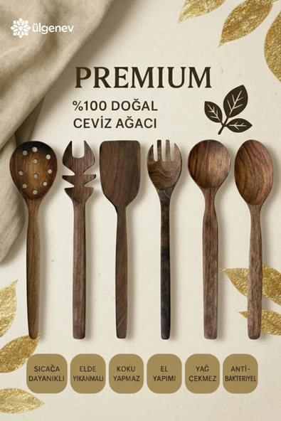 6'lı %100 Doğal Ceviz Ağacı Tahta Kaşık Seti | 30 CM Kaşık Çatal Spatula Maşa Kevgir El Yapımı ürün görseli 1
