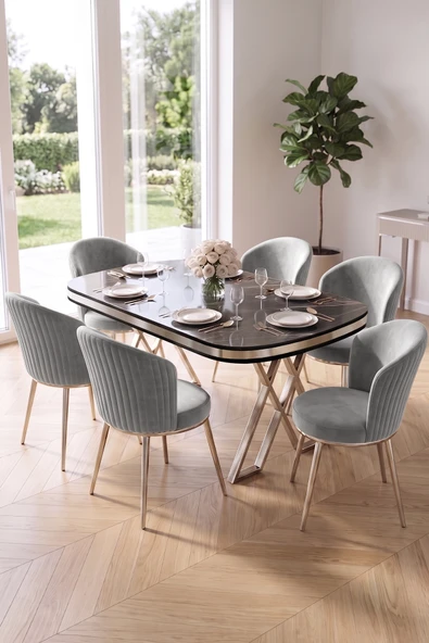 Nisare Serisi 90x168 Lak Panel Siyah Mermer Desen Masa Takımı Krom Ayaklı 6 Sandalye ürün görseli 1